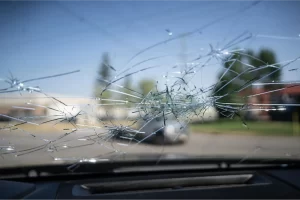 Severely cracked car windshield.